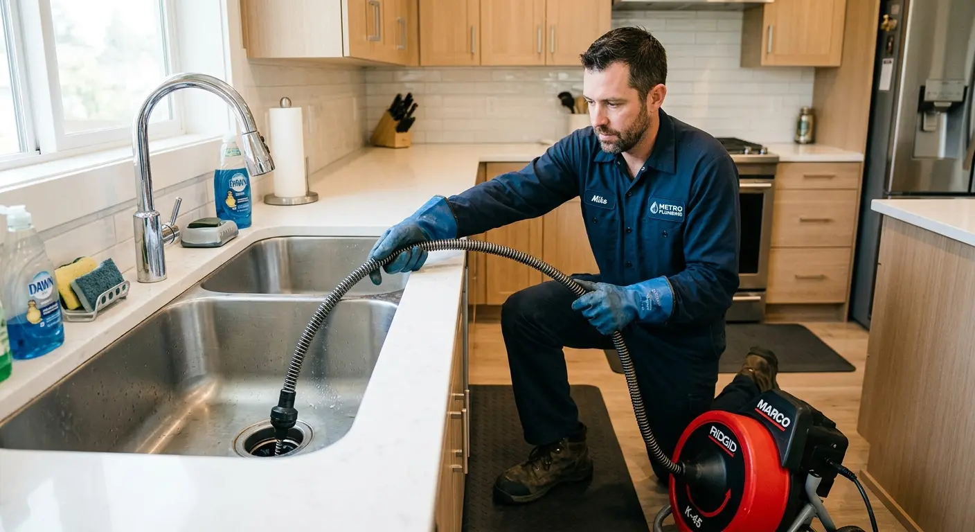 Drain cleaning technician using a motorized snake on a kitchen sink in Barrington