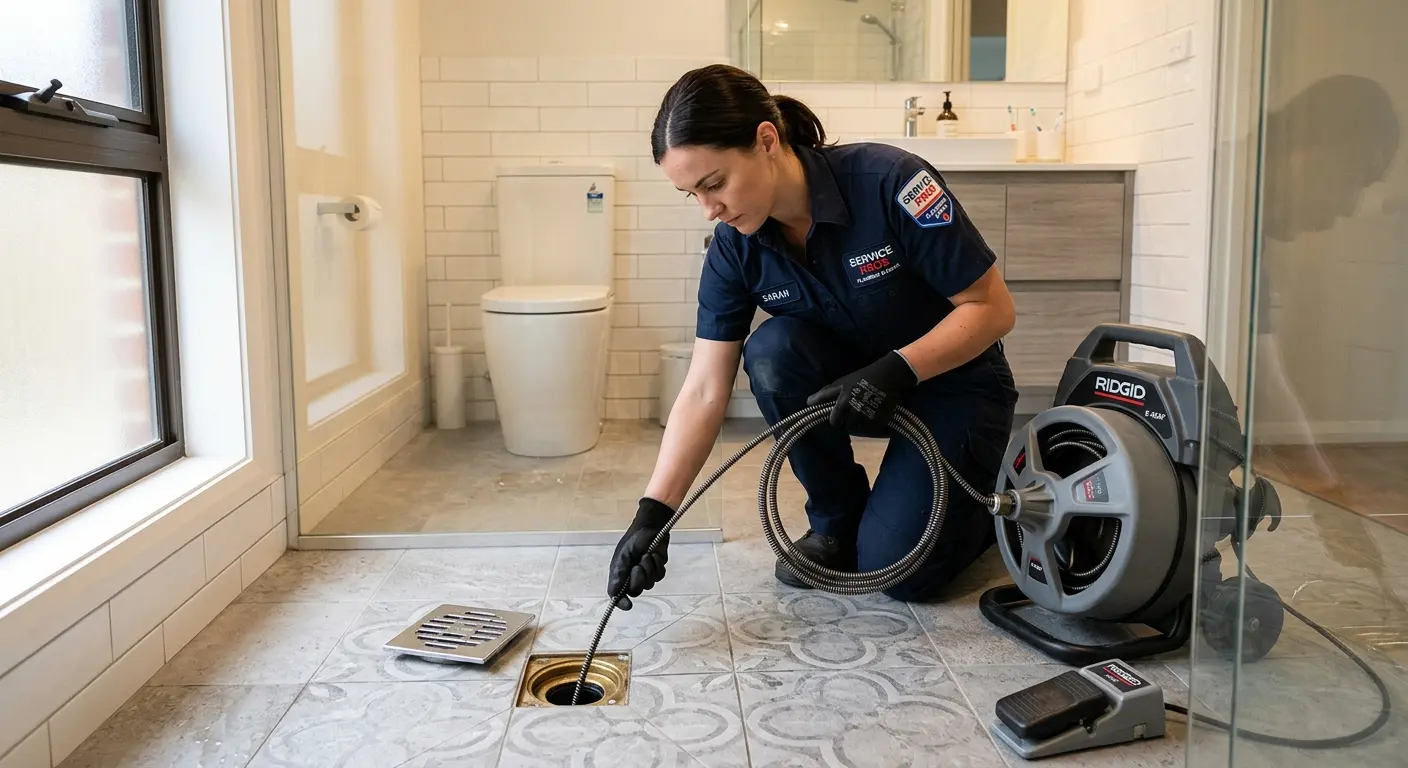 Technician clearing a bathroom floor drain for Drain Repair in Barrington